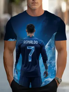 Men's Short Sleeve Round Neck T-Shirt, Ronaldo #7 Football Print, Dynamic Ice Crystal Design, Casual Sportswear, Breathable Material, Athletic Fashion Activewear