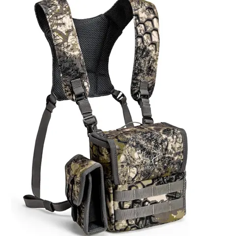 MOXULE Unisex Binocular Harness Chest Pack - Durable Outdoor Hiking Water-Resistant Camouflage Bino Case with Magnetic Closure, Detachable Rangefinder Pouch, Adjustable Straps, Built-In Organizer, Comfortable Bird Watching Camping Gear, Hiking Accessories