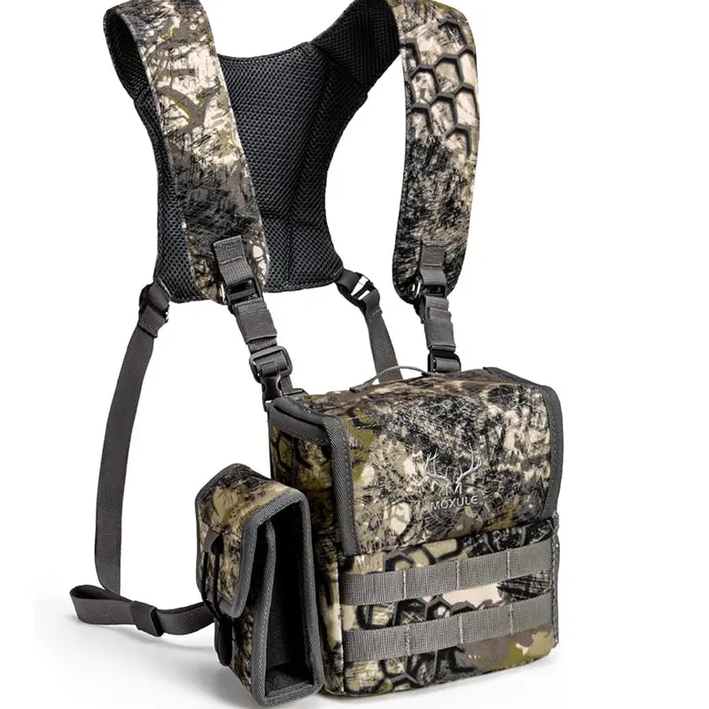 MOXULE Unisex Binocular Harness Chest Pack - Durable Outdoor Hiking Water-Resistant Camouflage Bino Case with Magnetic Closure, Detachable Rangefinder Pouch, Adjustable Straps, Built-In Organizer, Comfortable Bird Watching Camping Gear, Hiking Accessories