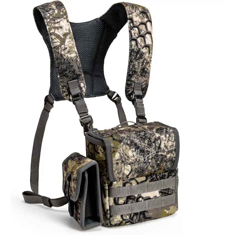 MOXULE Binocular Harness Chest Pack, Durable Water-Resistant Camouflage Bino Case for Hunting & Hiking with Magnetic Closure, Detachable Rangefinder Pouch, and Adjustable Straps, Hiking Accessories