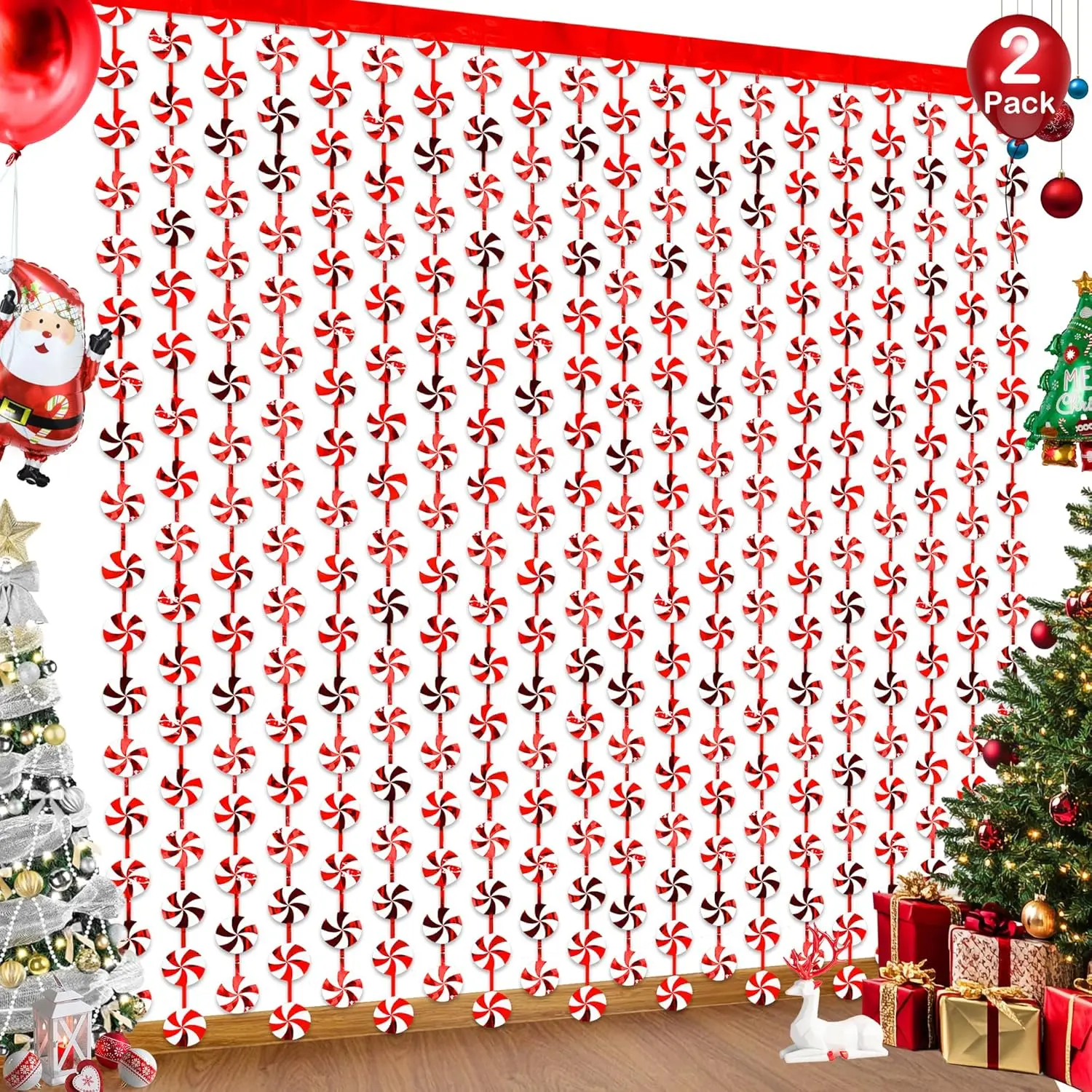 Happy New Year Party Decorations Candy Cane Foil Fringe Curtains, 2 Pack Red Green Christmas Backdrop Photo Booth Prop Streamers for Ugly Sweater Party Xmas Decorations Indoor, 3.3x6.56Ft