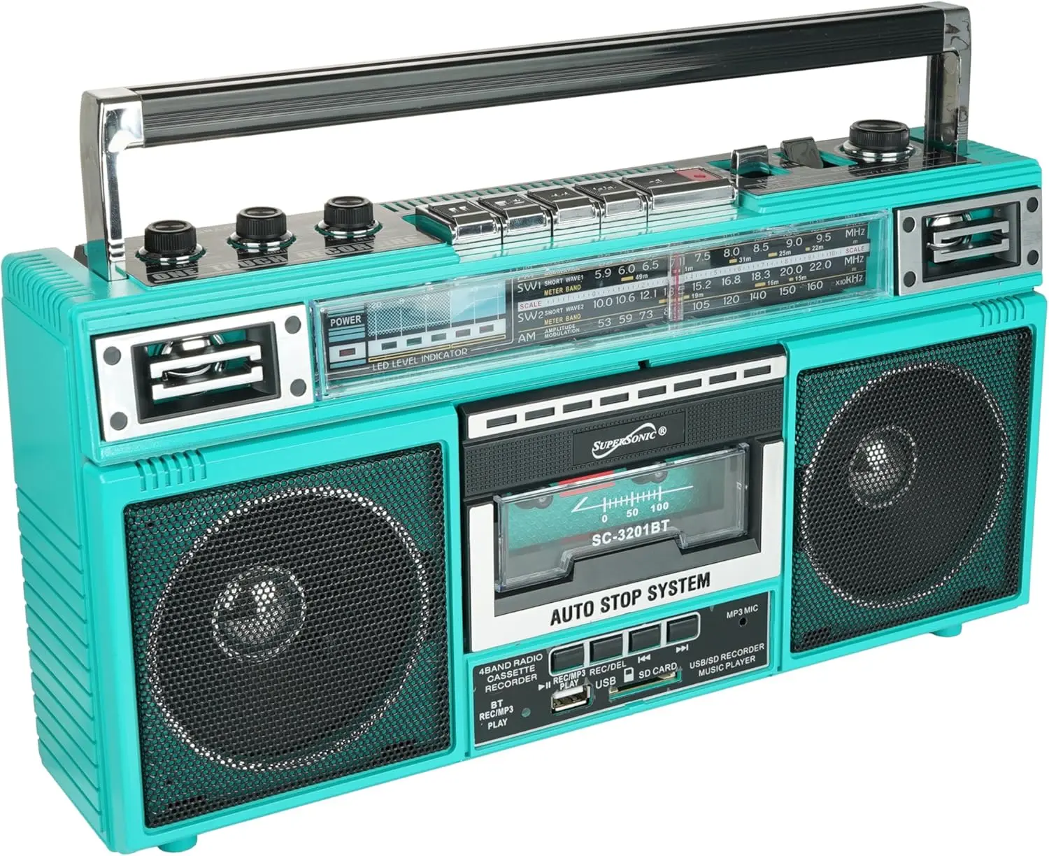 Supersonic SC-3201BT Retro Stereo Boombox Audio System - Bluetooth Speaker, Cassette Player, AM/FM/SW Radio, USB SD Playback, 3.5 mm Jack, Batteries Not Included, Compact Boombox Fits Shelves And Cars