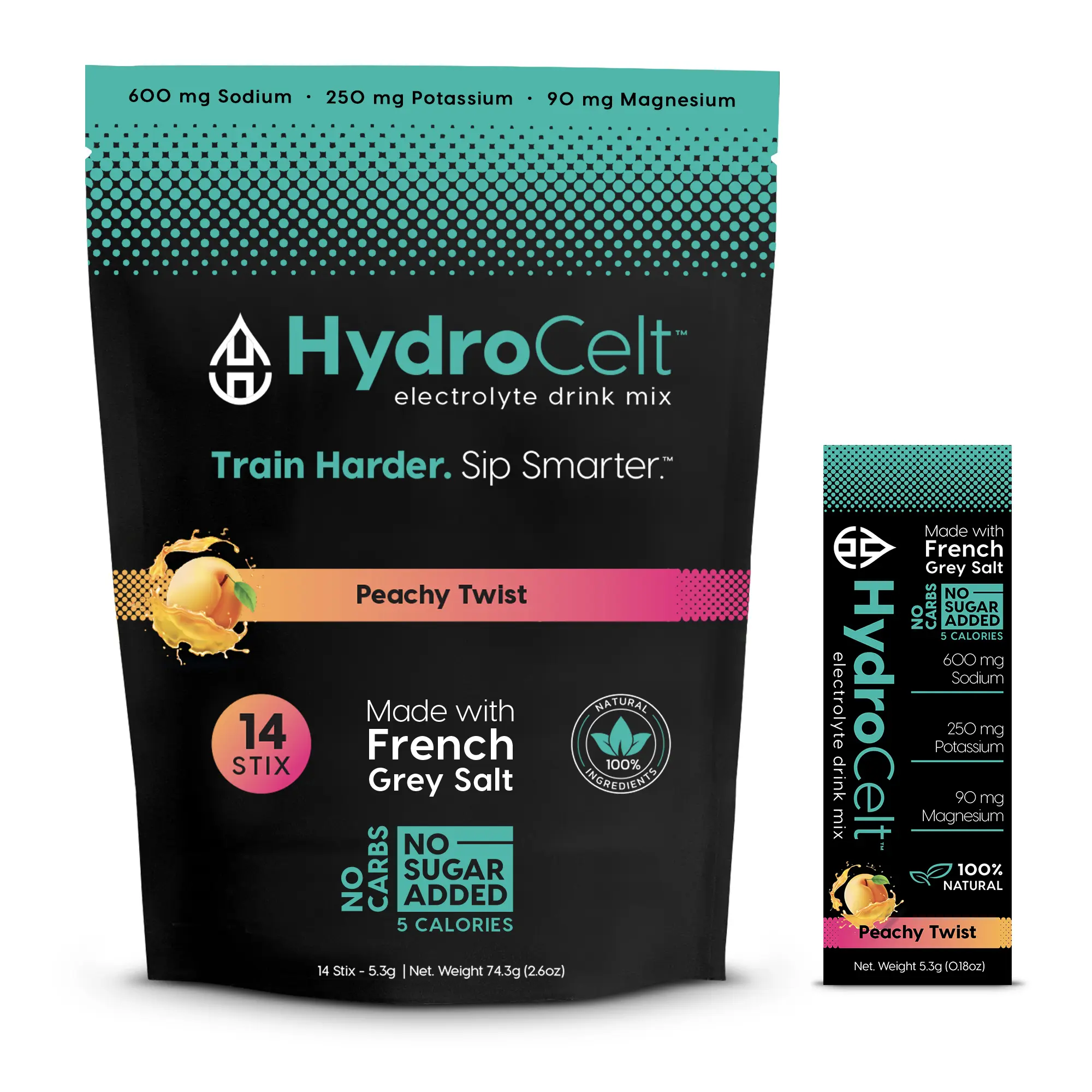 HydroCelt Peachy Twist Electrolyte Drink Mix – Zero Sugar Hydration Powder, 14 Stick Packs, Peach, Mango, Dragonfruit Flavor