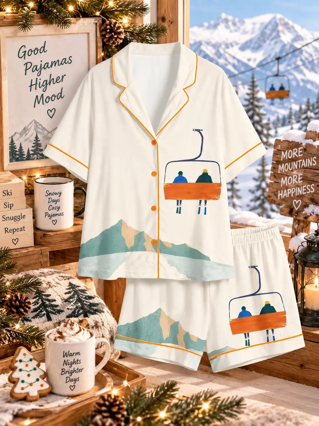 Women’s Winter Mountain Skiing Chairlift Skiers On Chairlift Short Sleeve Satin Pajama Set