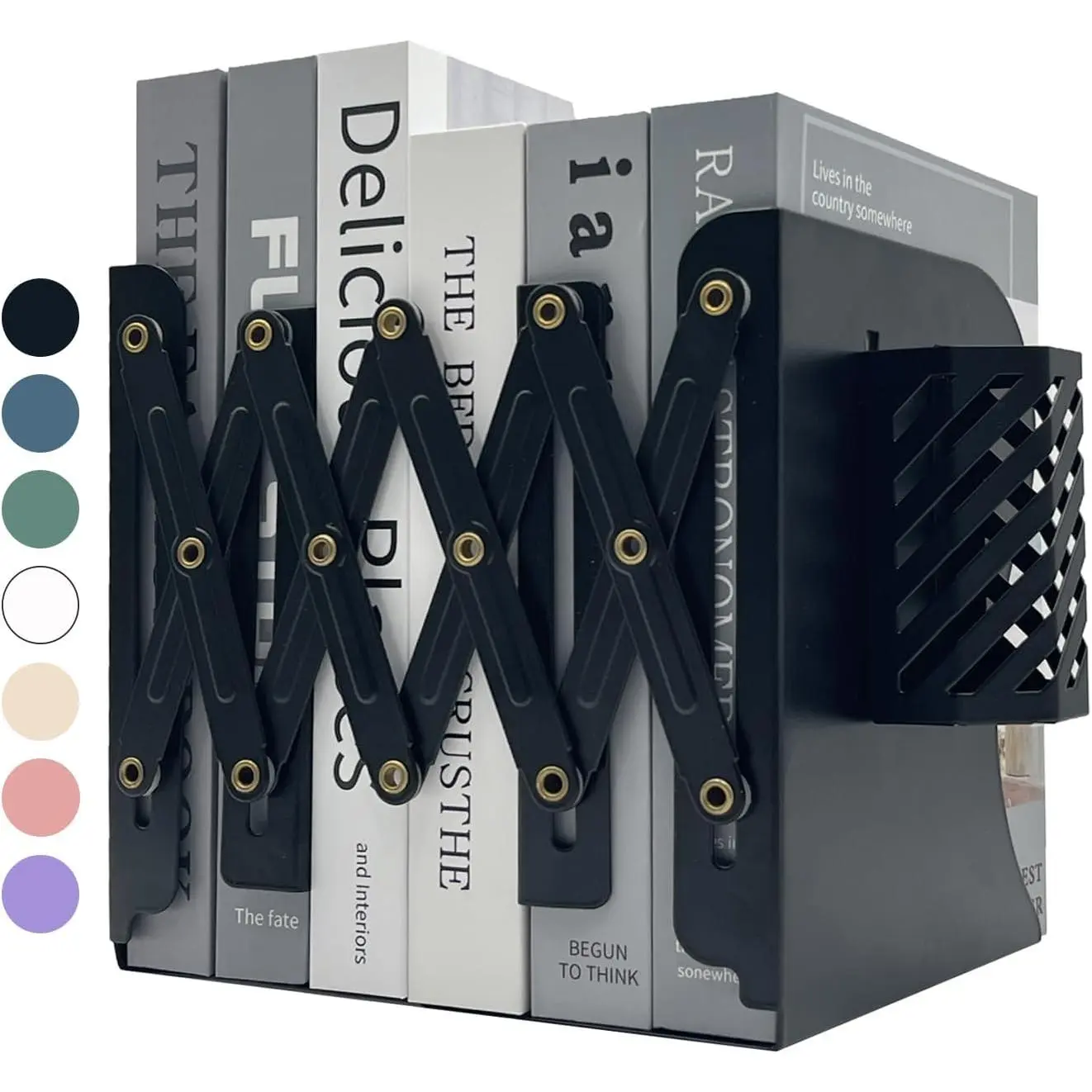 Book Ends, Adjustable Bookends for Shelves, Metal Bookends for Heavy Books, Book Stopper Organzier with Pen Holder for Desk,  Room, Office, Classroom, Library, Study Room.(Black)