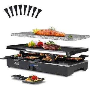 2-in-1 1700W Adjustable Temperature Raclette Grill with Granite Stone & Non-Stick Cast  Plates | Includes 8 Mini Pans & Spatulas | Extended Power Cord |  for Family Gatherings