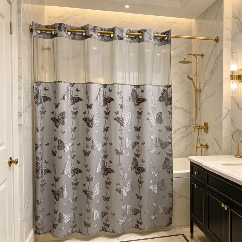 Silver-Gray No Hook Double-Layer Butterfly Flocked Shower Curtain,Mesh Top Window，Mesh Top Window, Hook-Free Design, Easy Installation, Farmhouse, Hotel, Modern Home Decoration, 71x74in