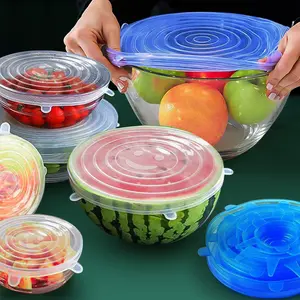 6 Pcs Silicone Cover Stretch Lids for Kitchen Microwave Food Covers Bowl Caps Elastic Silicone Lid Cap Universal Adaptable Lids Healthy Hygiene Food Grade Silica Gel Material Leak-proof No Taint of Odors Anti-skid Handle Included - Container
