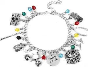 80s Retro Sci-Fi Inspired Charm Bracelet with Guitar Bicycle & Vintage Character Charms, Friendship Jewelry Gift for Men Women Fans