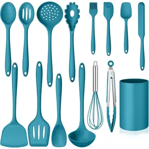 Silicone Cooking Utensils Set, 15-Piece Nonstick and Heat Resistant Kitchen Utensil Spatula Set with Holder, Kitchen Gadgets Home Essentials & Pots and Pans Accessories, Blue