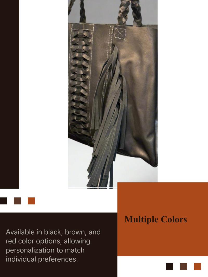 Untammed Traveler Weekender Bag - Leather Tote with Braided Straps & Fringe - Spacious Inside Pocket - Black Brown Red Options