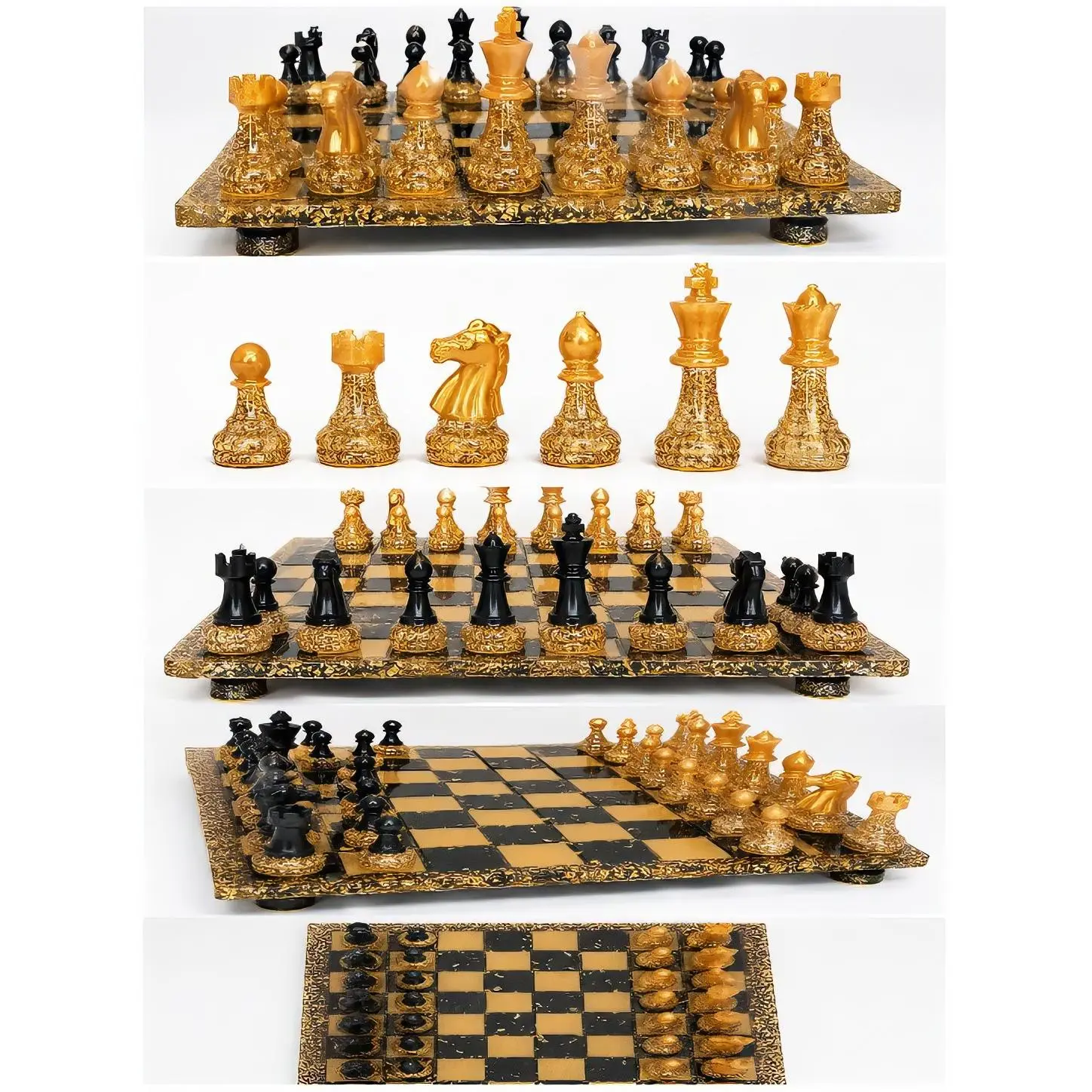 Black and Gold Chess Set with Matching Chess Table - Elegant Design for Game Enthusiasts