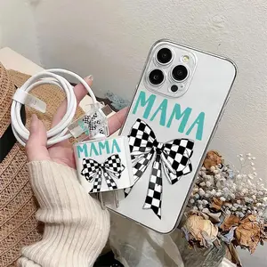 5 Piece Set Transparent Checkered MAMA Bow Pattern Phone Case, Charger Head Cover, Cable Protector & Storage String, TPU Drop Resistance Accessories for iPhone Models 6 to 16 Pro Max