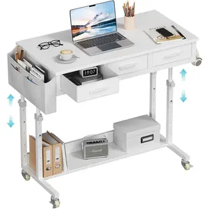 White Portable Rolling Computer Desk - 40 Inch Adjustable Mobile Standing Teacher Desks with 3 Fabric Drawers on Wheels, Couch Sofa Side Laptop Stand Up Table with Storage for  Office, White