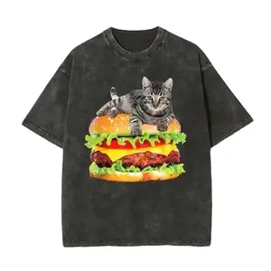 Cat on Cheeseburger Meme – Acid Washed Oversized 100% Pure Cotton T-Shirt, Unisex Retro Shirt Gift for Foodies & Cat Lovers