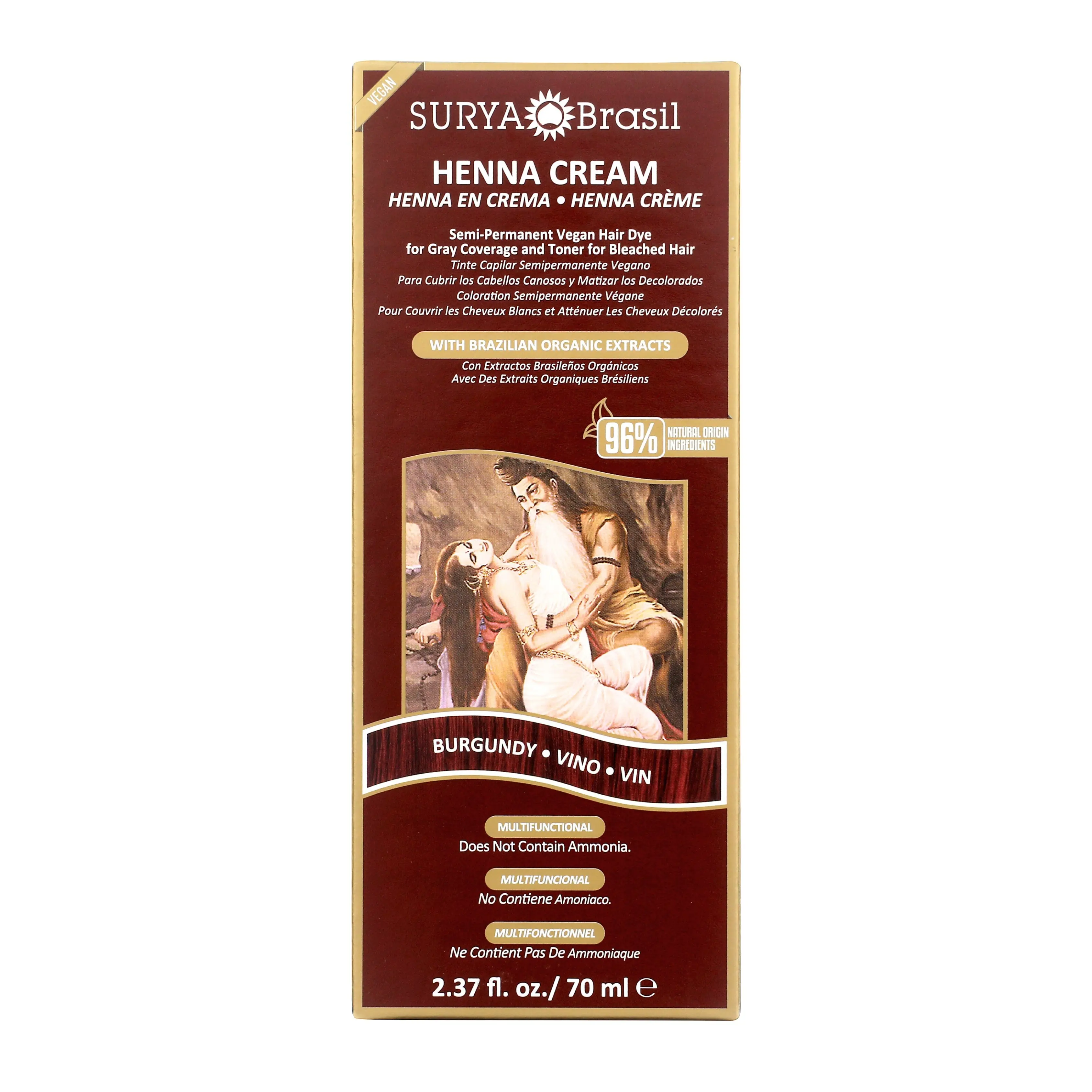 Surya Brasil Henna Cream Burgundy - 96% Natural Ingredients, Vegan, Cruelty-Free, Eco-Friendly, Semi-Permanent Hair Color, Deep Hydration & Shine, 2.37 oz