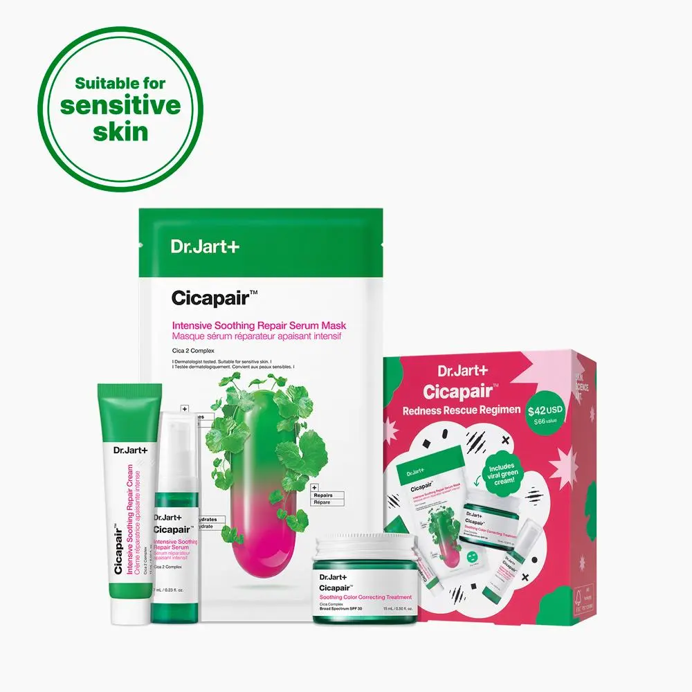 Dr.Jart+ Cicapair 4-Piece Korean Redness Regimen Kit with Centella Asiatica | Bestsellers Value Bundle | Instant Redness Relief | Viral Green Color Corrector | Korean Mask, Moisturizer, Serum, Color Corrector | Sensitive Skin Regimen