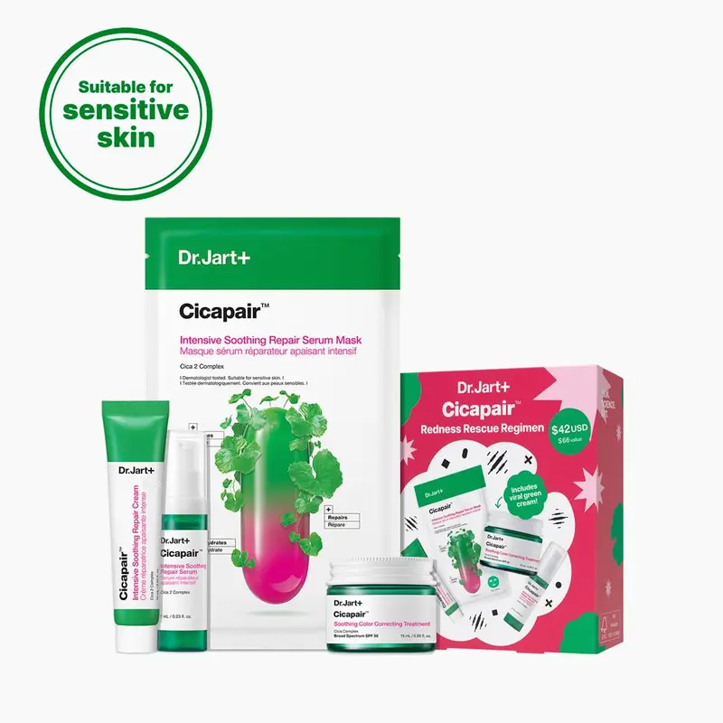 [Dr.Jart+] Cicapair 4-Piece Redness Rescue Regimen Kit with Centella Asiatica | Skincare Set for Sensitive Skin | Instant Redness Relief | Korean Mask, Moisturizer, Serum, Color Corrector