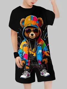 Boys Street Style Cool Bear Set, Hip Hop Colorful Painted Bear, Bottom Vibrant Design, Casual Fitted Clothing
