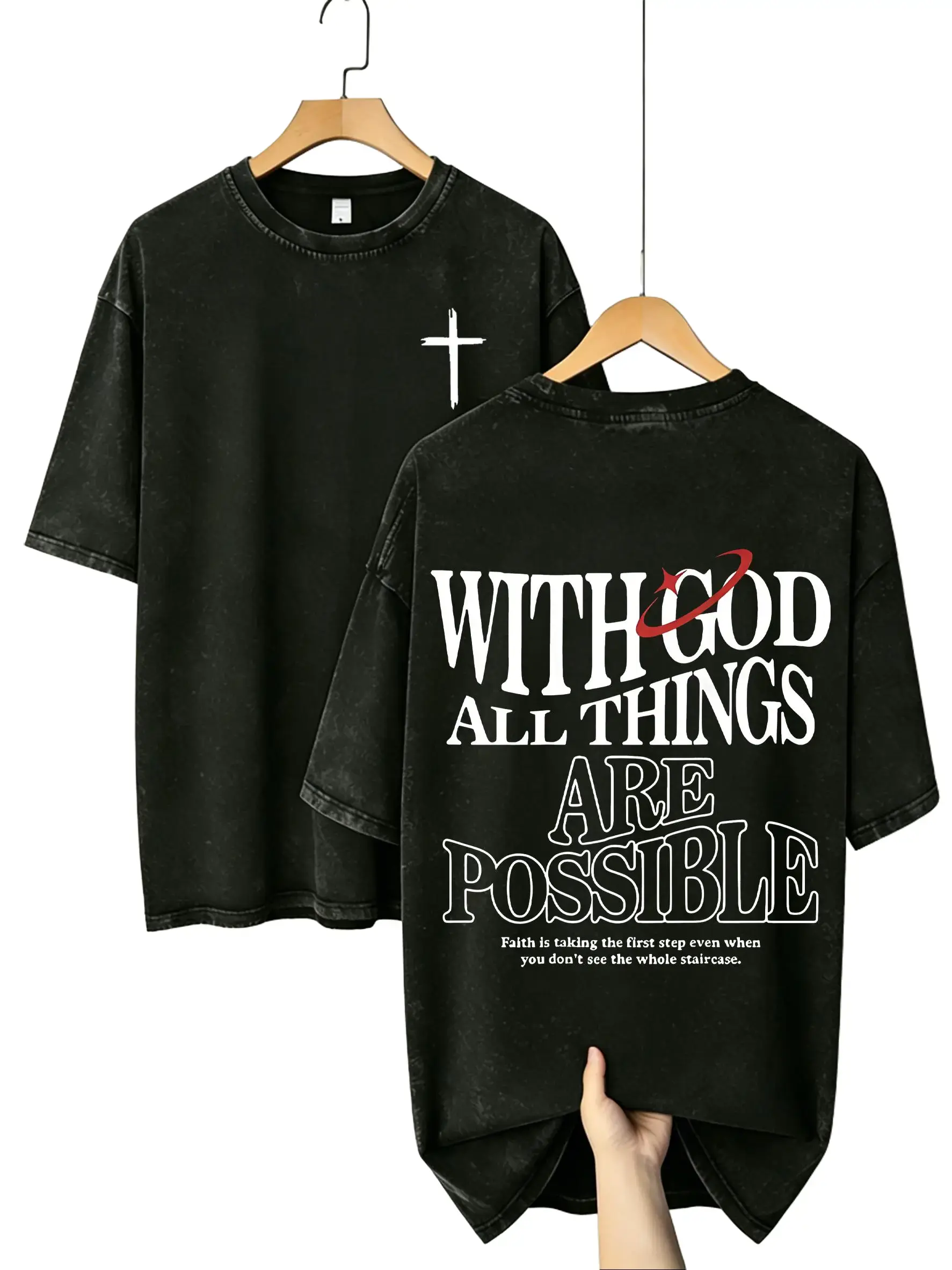 Men's Cotton Acid-Wash Oversized Round Neck Shortsleeve Streetwear T-Shirt - Christian Faith Graphic Top with "With God All Things Are Possible" Cross, Matthew 19:26 Menswear Casual Outdoor Tee, Cross Print, Relaxed, Vintage Fit Washed