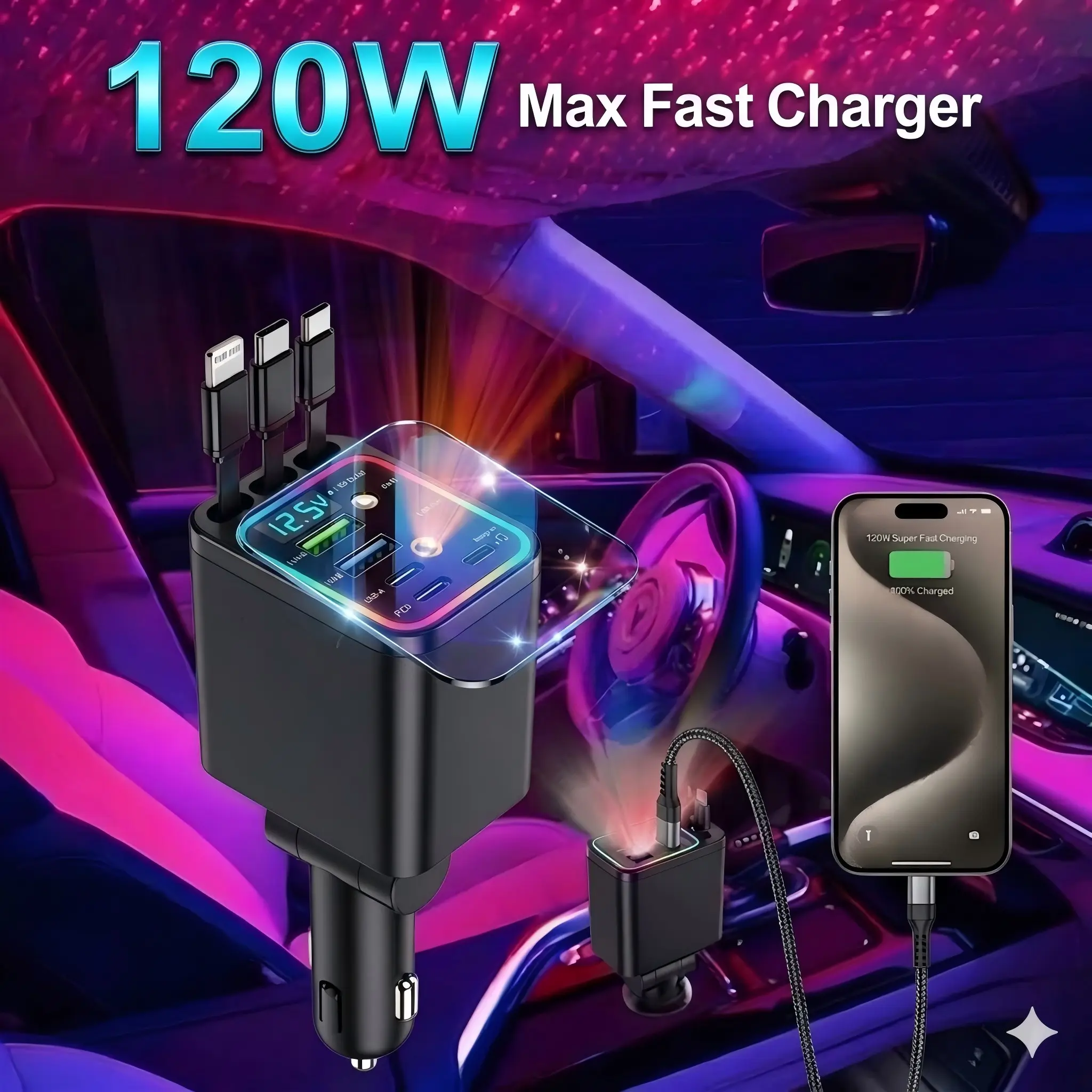 【summerfinds】Ultra Fast Charger,120W Max, Upgrate Car Charger Station: Suitible for All Devices,Star Projector 3 Cables + 4 Ports, Includes Real-time Voltage Monitor & RGB Lights. The Perfect Road Trip Essential to Declutter Your Console!