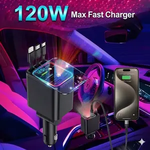 Ultra Fast Charger,120W Max, Upgrate Car Charger Station: Suitible for All Devices, 3 Cables + 4 Ports, Includes Real-time Voltage Monitor & RGB Lights. The Perfect Road Trip Essential to Declutter Your Console!