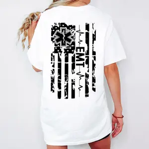 [100% Cotton] EMT American Flag T-Shirt, Patriotic EMT Back Print Graphic Tee, EMS First Responder Shirt, Vintage Distressed Medical Short Sleeve Tshirt, Star of Life USA Tee, EMS Week Gift For EMT Men Women.