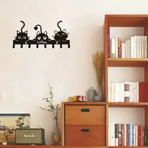 Cat Key Holder Wall Mount 5.5 Inch Height 10.6 Inch Length Decorative Hooks For Home Entryway Sturdy Black Metal Key Organizer Suitable For Brick Cement Wood Wall Installation