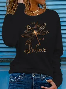 Women'S Long Sleeve Crew Neck Sweatshirt with Golden Dragonfly & Just Breathe Believe Motivational Print - Casual Round Neck Pullover, Machine Washable, All-Season Fashion Top, Dragonfly Sweatshirt