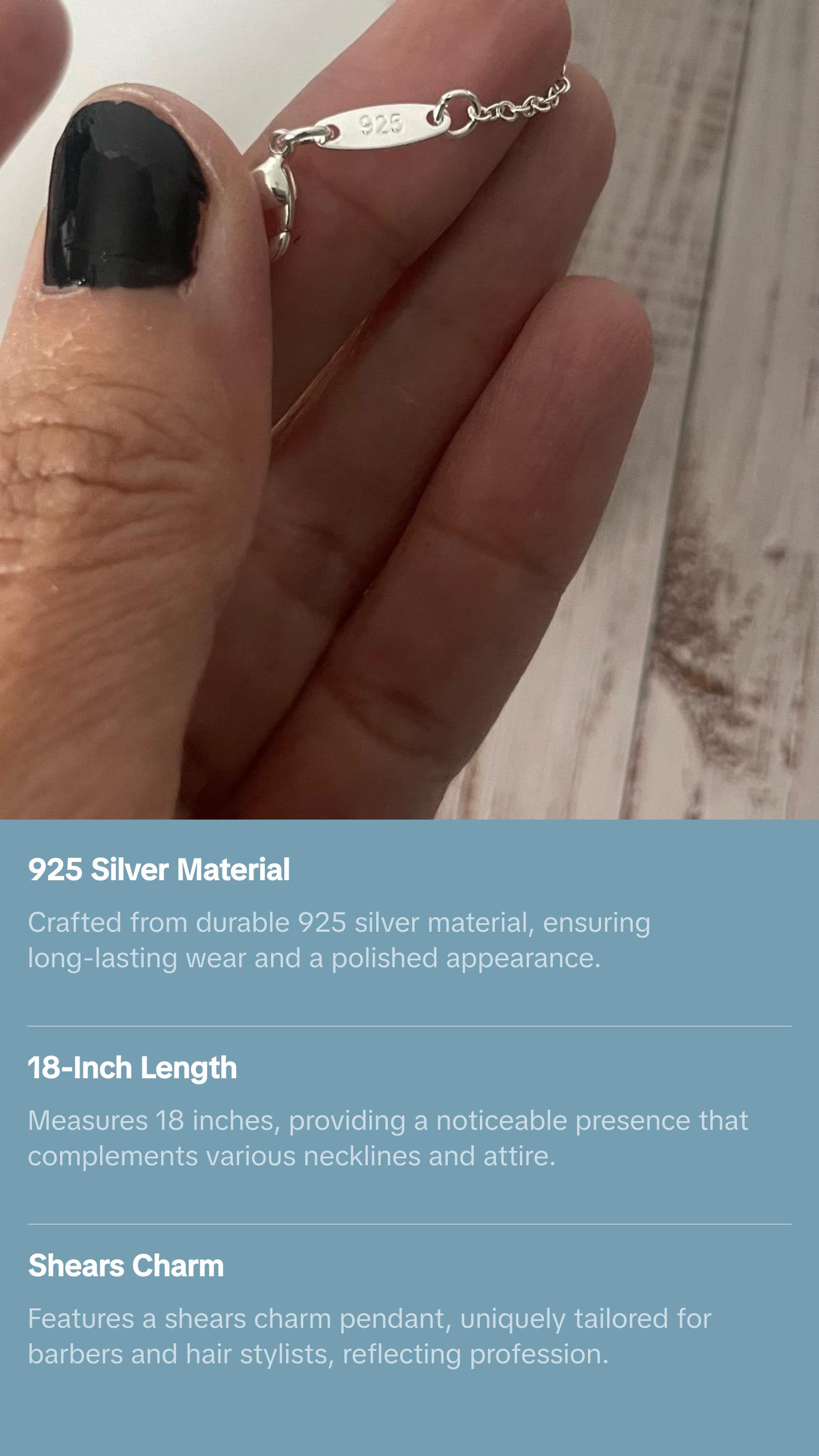 925 Silver Shears Charm Pendant Elegant Necklace for Barbers and Hair Stylists 18” with Silver Finish