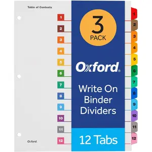 Binder Dividers 12 Numbered 1-12 Tabs 3 Pack Customizable Table of Contents Page Reversible Multicolor 3-Hole Punched Tabs for Binders
