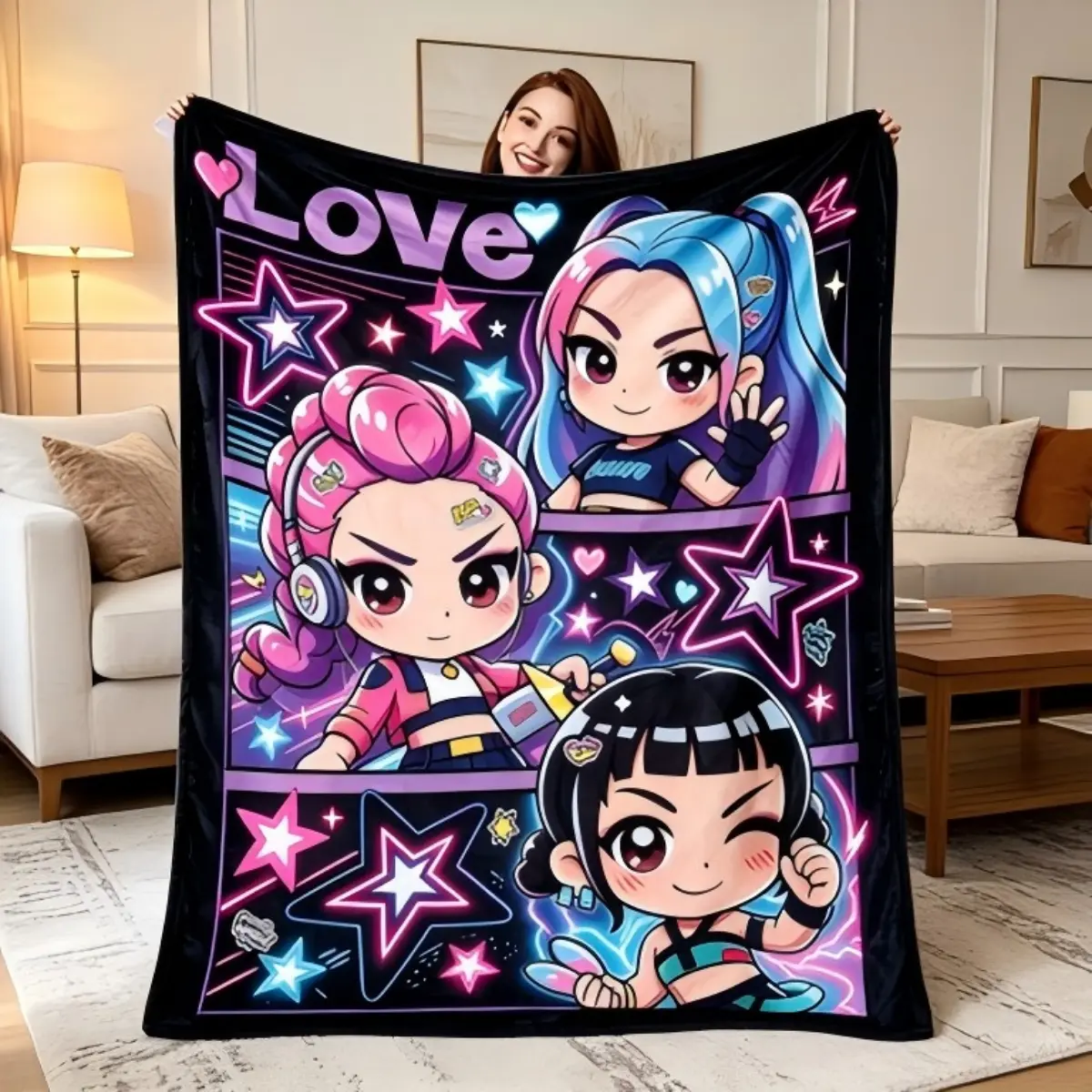 Vintage Y2K Aesthetic Cartoon Chibi Girls Flannel Blanket Neon Star Love Print Soft Warm Flannel Throw Blanket for Sofa Bed Couch, Perfect Decor Gift for Young Women Teenagers