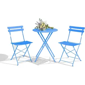 3-Piece Folding Patio Bistro Set, Compact Collapsible Outdoor Table & 2 Chairs, Space-Saving Furniture for Balcony, Garden, or Porch, Blue