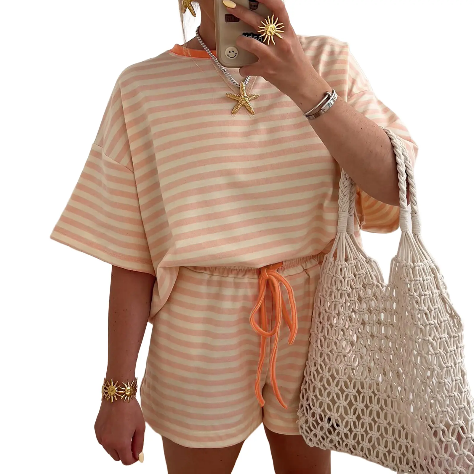 Asvivid Women's Stripe Contrast Neck Loose Tee and Drawstring Shorts Set Womenswear