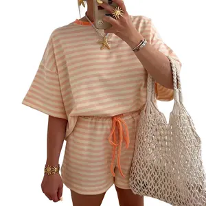 Asvivid Women's Stripe Contrast Neck Loose Tee and Drawstring Shorts Set Womenswear