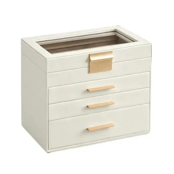 Jewelry Box Organizer with Clear Glass Lid, 4-Tier PU Leather Jewelry Storage Case with 3 Drawers, Large Jewelry Display Box for Rings Earrings Necklaces Bracelets Watches, Modern White Jewelry Holder for Women Girls