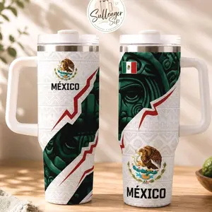 Mexico Style Tumbler 40oz with Handle, NO STRAW Include, Mexico Soccer Fan Travel Mug, Insulated Stainless Steel Cup, Football Lover Gift