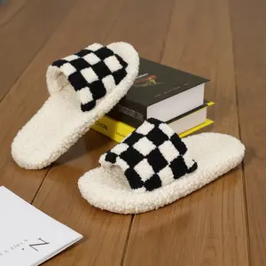 Women's Fuzzy Slippers Flip Flop Open Toe Cozy House Memory Foam Sandals Soft Flat Comfy Anti-Slip Spa Indoor Outdoor Slip on Classic Check Pattern Girl Walking Shoes Footwear Flipflop Casual Parent