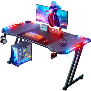 Large Electric L-Shaped Z-Designed Gaming Table with Carbon Fibre Surface, LED Lights, Cup Holder, Headphone Hook, 40 Inch Monitor Compatibility, Ergonomic Household Workstation for Adults’ Daily Use, Game Room Office Furniture