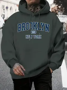 Men's Brooklyn Letter Print Hoodie, Casual Polyester Drawstring Pullover, Casual Streetwear Sweatshirt, Unisex Long Sleeve Sweatshirt, Fall & Winter Comfort