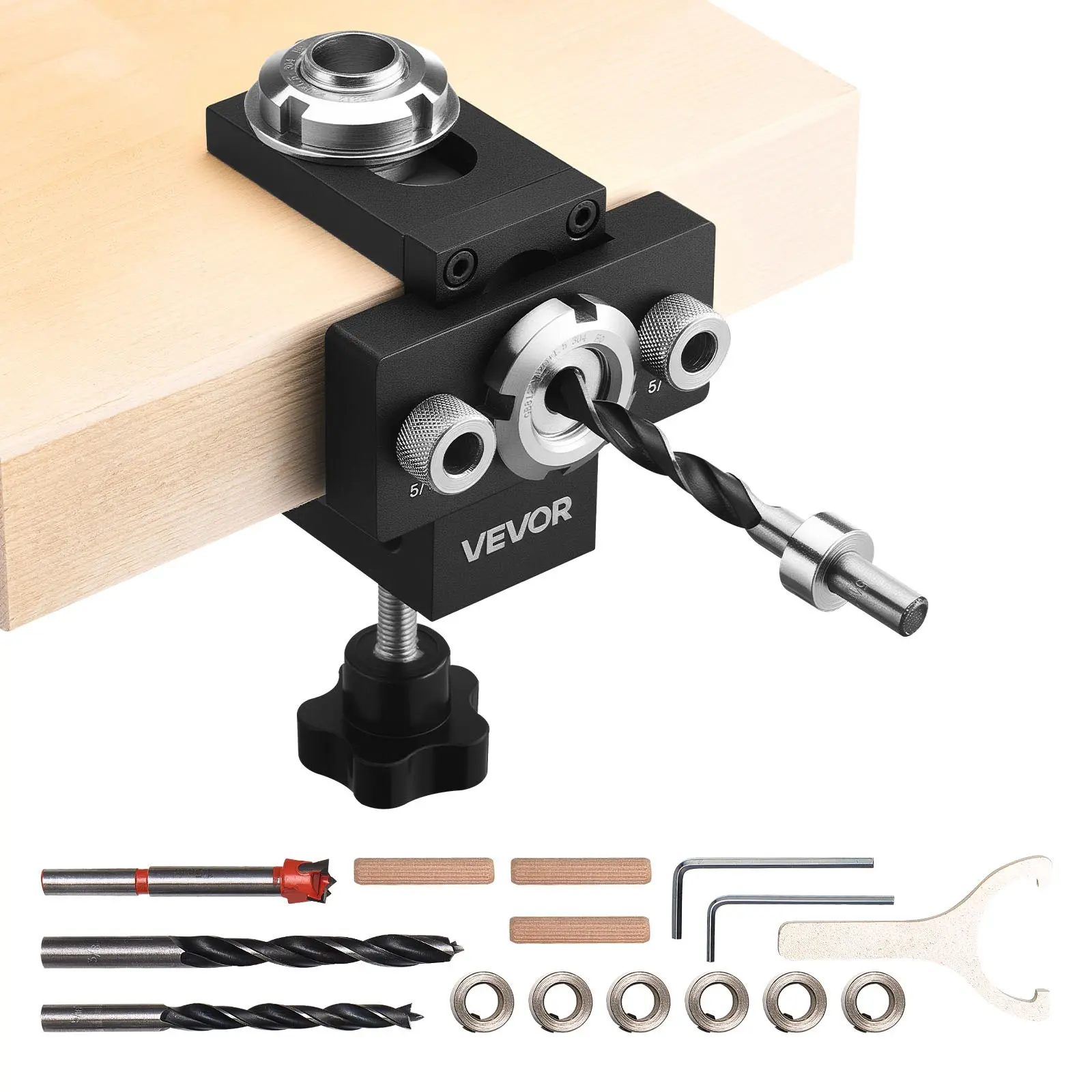 VEVOR Self-Centering Doweling Jig Kit, Aluminum Alloy Woodworking Joint Tool with 3 Drill Bits (5/16", 3/8", 19/32"), Adjustable Width for Tables, Desks, Craft Projects, Furniture Repair, Built-In Clamp
