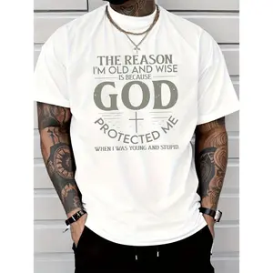 "God Bless Me" letter printed men's short-sleeved cotton T-shirt, comfortable and transparent.