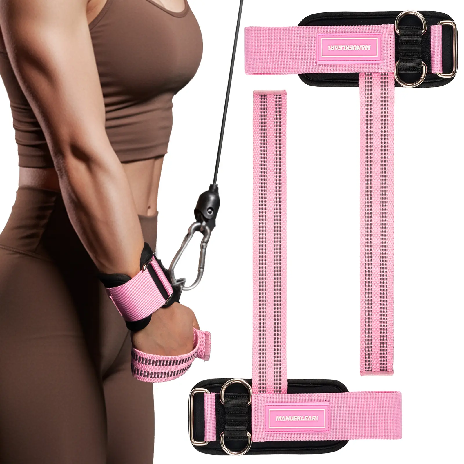 MANUEKLEAR Pink Dual D-Ring Lifting Straps - 2-in-1 Long Wrap Weightlifting Straps with 10mm Neoprene Wrist Padding for Deadlifts, Pull Day & Cable Training