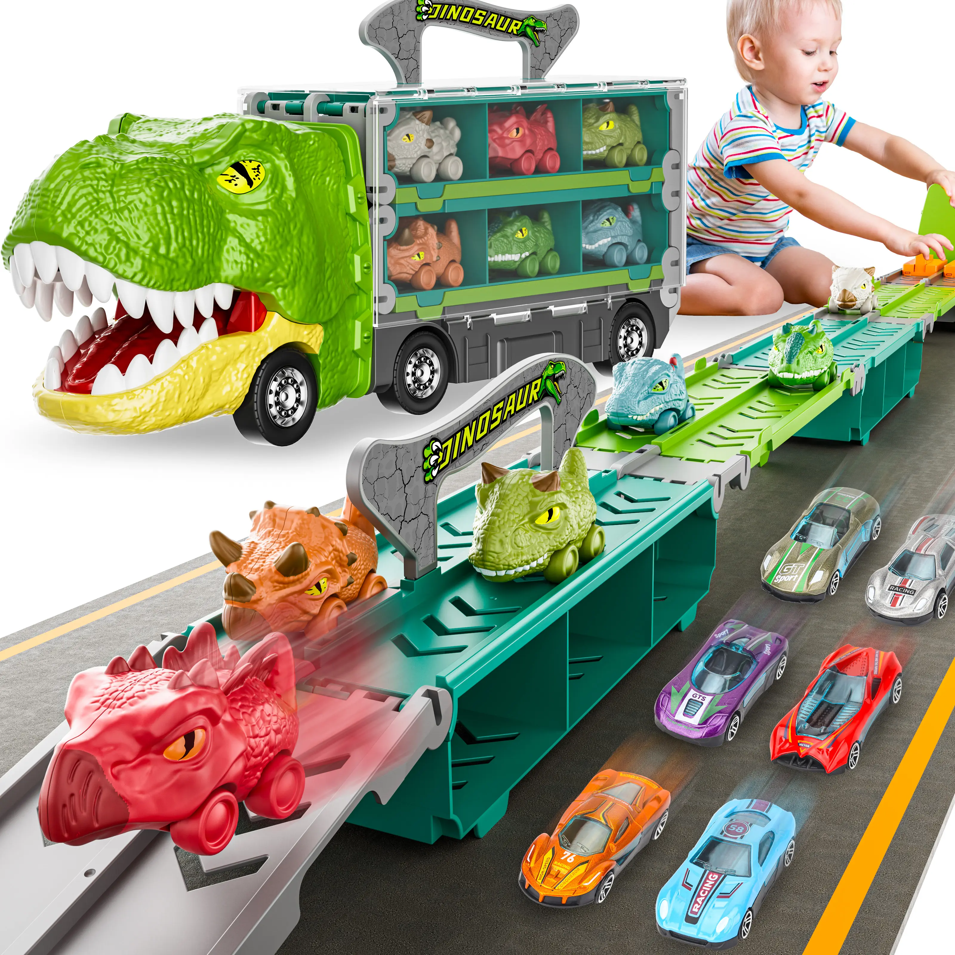 [Children's Day gift]FUNWEE Dinosaur Truck Toys Princess Car  for Birthday Gift Idea 2 Player Race Mode Transport Carrier Toddler Toys for Kids 63 Inch Foldable Race Track with 6 Dino Cars & 6 Die-cast Cars Durable Safety Kids SummerVibes