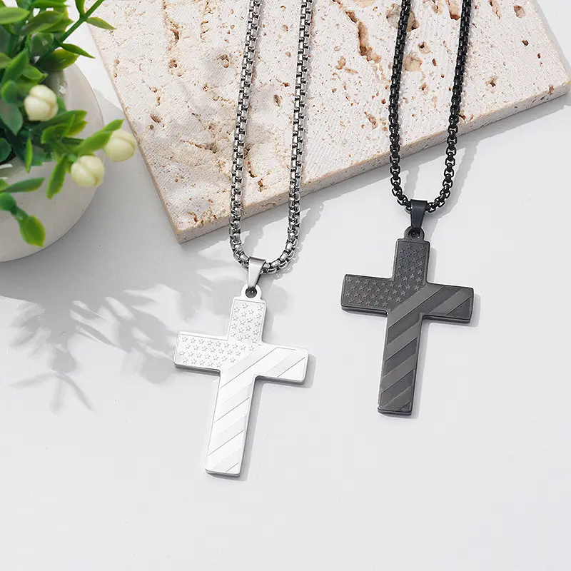 Amazon Hot American Flag Cross Necklace Pendant Men's Stainless Steel Necklace 60cm Basket Chain Titanium Steel Unisex Jewelry