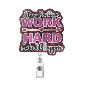Work Hard Letter Pattern Badge Holder, Premium Decorative Badge, Badge Decoration, 1 Count Retractable Badge Reel, Identification Badges & Supplies for Nurse, Volunteer, Office Staff, Badge Reels Retractable, Retractable Badge Holders