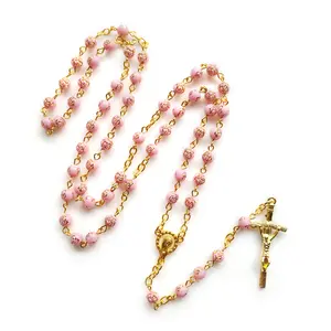 6mm Rose Beads Rosary Necklace with Jesus Crucifix for Cross Pendant Necklace Pr