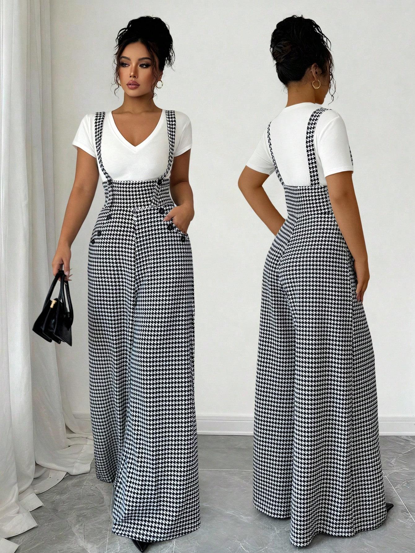 ASANDY Women's Houndstooth Print Wide Leg Overalls Button Detail High Waist Suspender Jumpsuit Casual Elegant Silhouette Versatile Style Perfect For Office Daily Brunch & Streetwear Looks