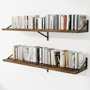 Deep Wall Shelves 55"W x 12"D Engineered Wood Floating Shelves for Wall, Sturdy Metal Bracket Bookshelves Home Decor Storage for Living Room Bedroom Bathroom Kitchen, Set of 2, Rustic Brown Finish