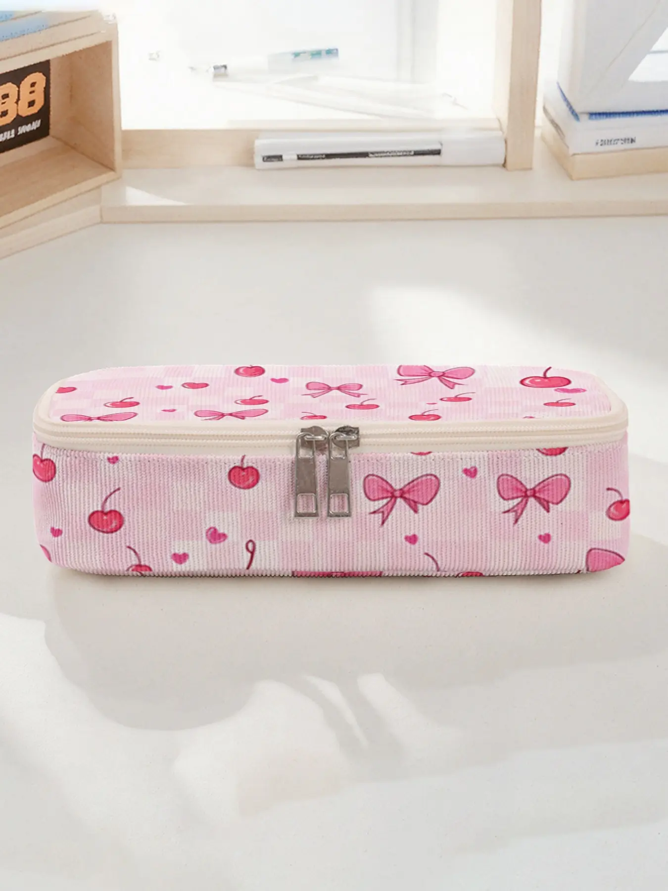 Cherry Bow Pattern Printed Large Capacity Pencil Bag, Durable Multifunctional Storage Bag, Portable Zipper Storage Case, Suitable for School, Office and School Supplies Storage, Office Stationery Supplies